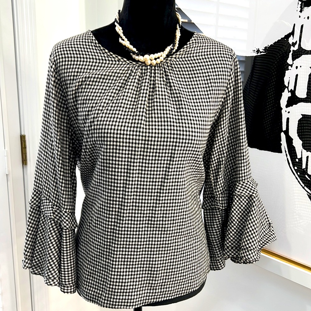 Good Luck Gem Black & White 3/4 Tiered Bell Sleeve Gingham Top, Size L